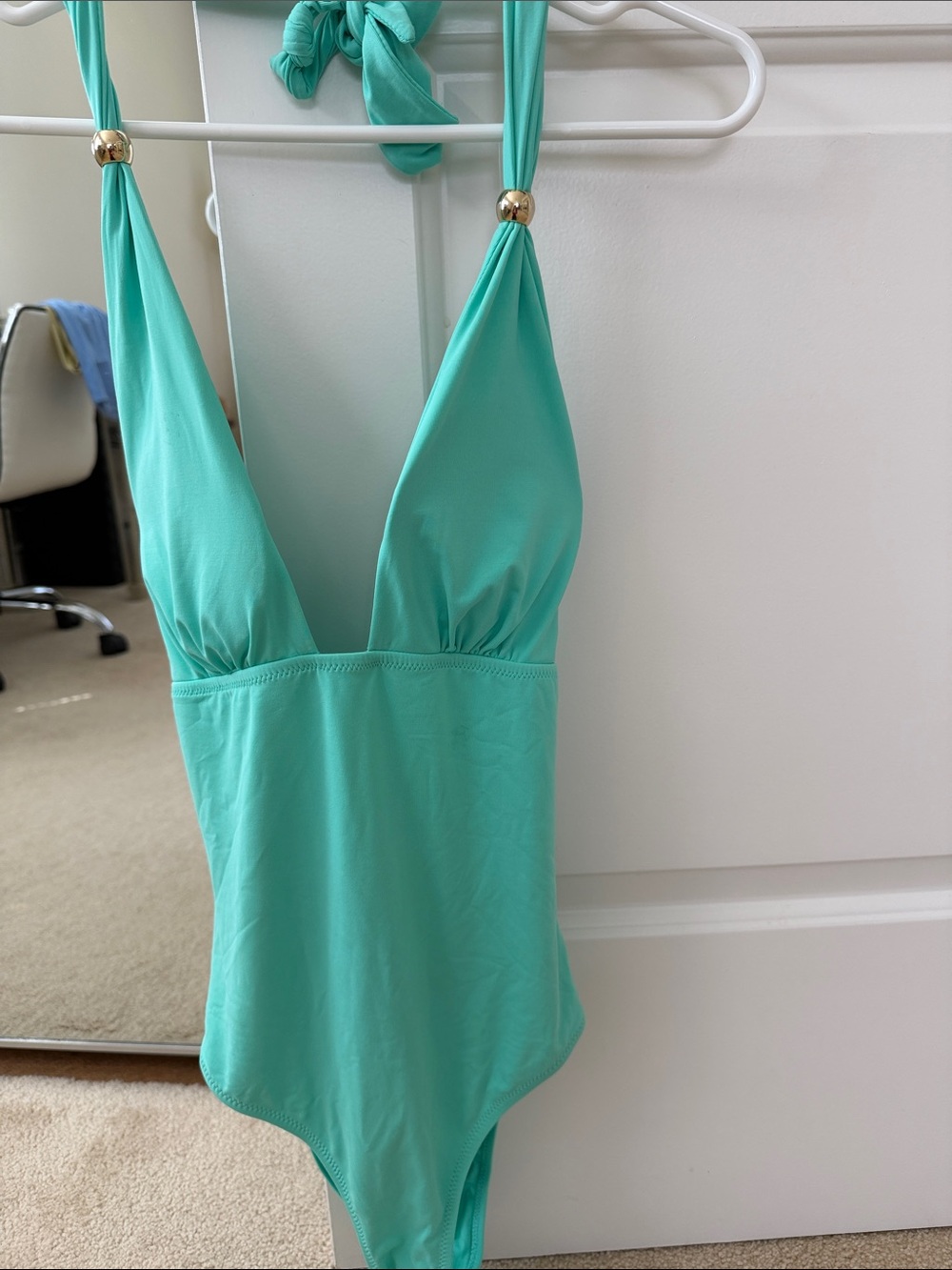 Letarte Aqua Green One-Piece Swimsuit low back with Gold Bead Accents